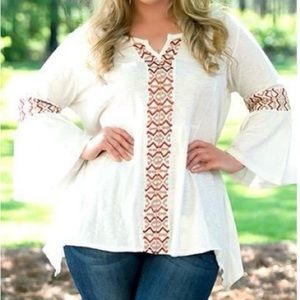 Perfectly Priscilla Plus Sized Cream Top with Aztec Pattern 1X